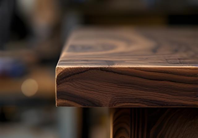 Dunkles Nussbaumfurnier und fein geschliffene Kante unter Werkstattlicht