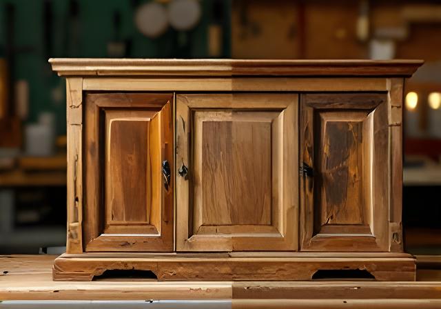 Restauriertes Holzmöbel mit sichtbarem Vorher-Nachher-Kontrast auf einer Werkbank
