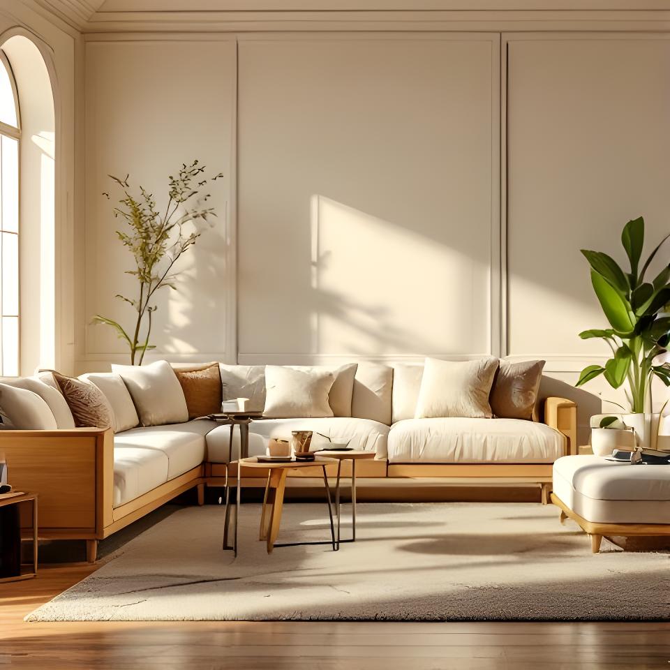 Helles Wohnzimmer mit eleganten Holzmöbeln, weichem Tageslicht und fein abgestimmten Texturen