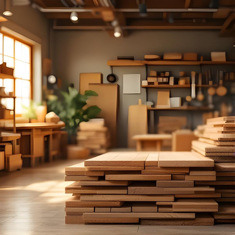 Werkstatt und Showroom von Laubscher Möbel in Zürich mit sorgfältig gestapelten Holzplatten und warmem Tageslicht