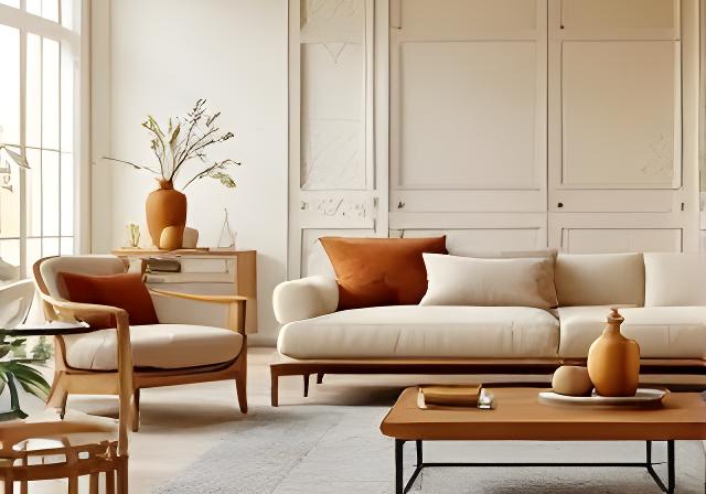Elegantes Möbelensemble in einem hellen Wohnraum mit warmen Holztönen und klaren Linien
