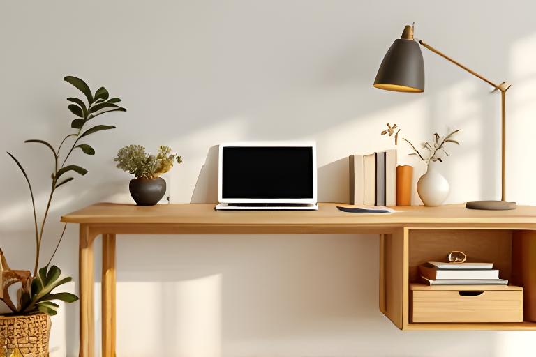 Aufgeräumtes Home-Office mit Holzschreibtisch, natürlichem Licht und ruhiger Arbeitsatmosphäre