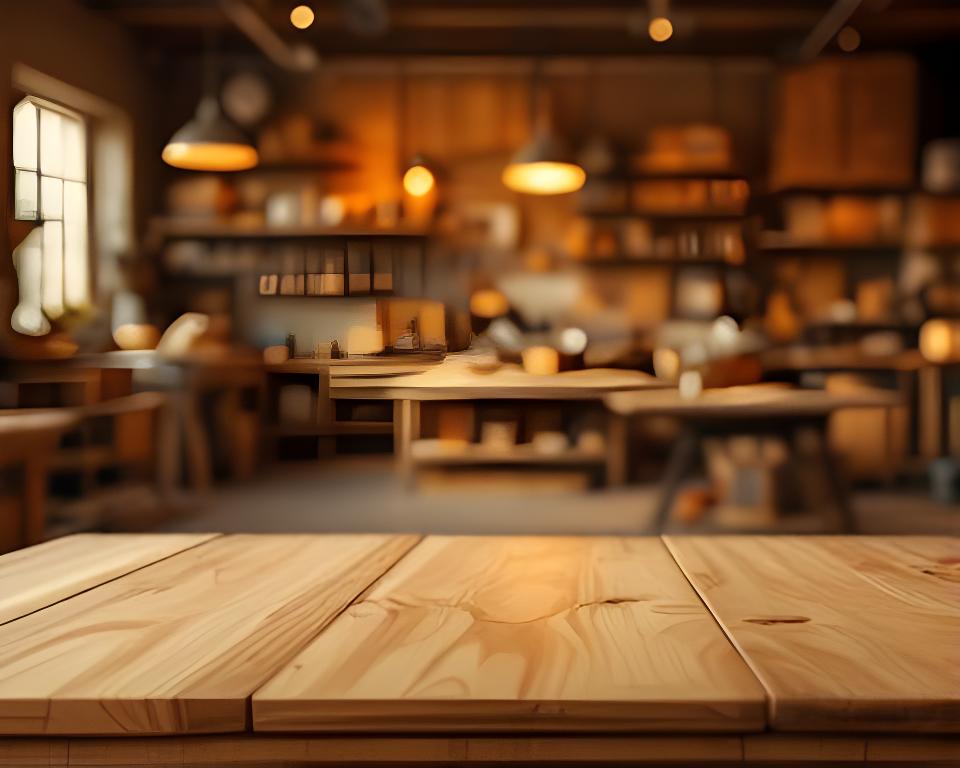Arbeitsbereich in einer Zürcher Möbelwerkstatt mit handgefertigten Holzplatten, Werkzeugen und warmem Licht