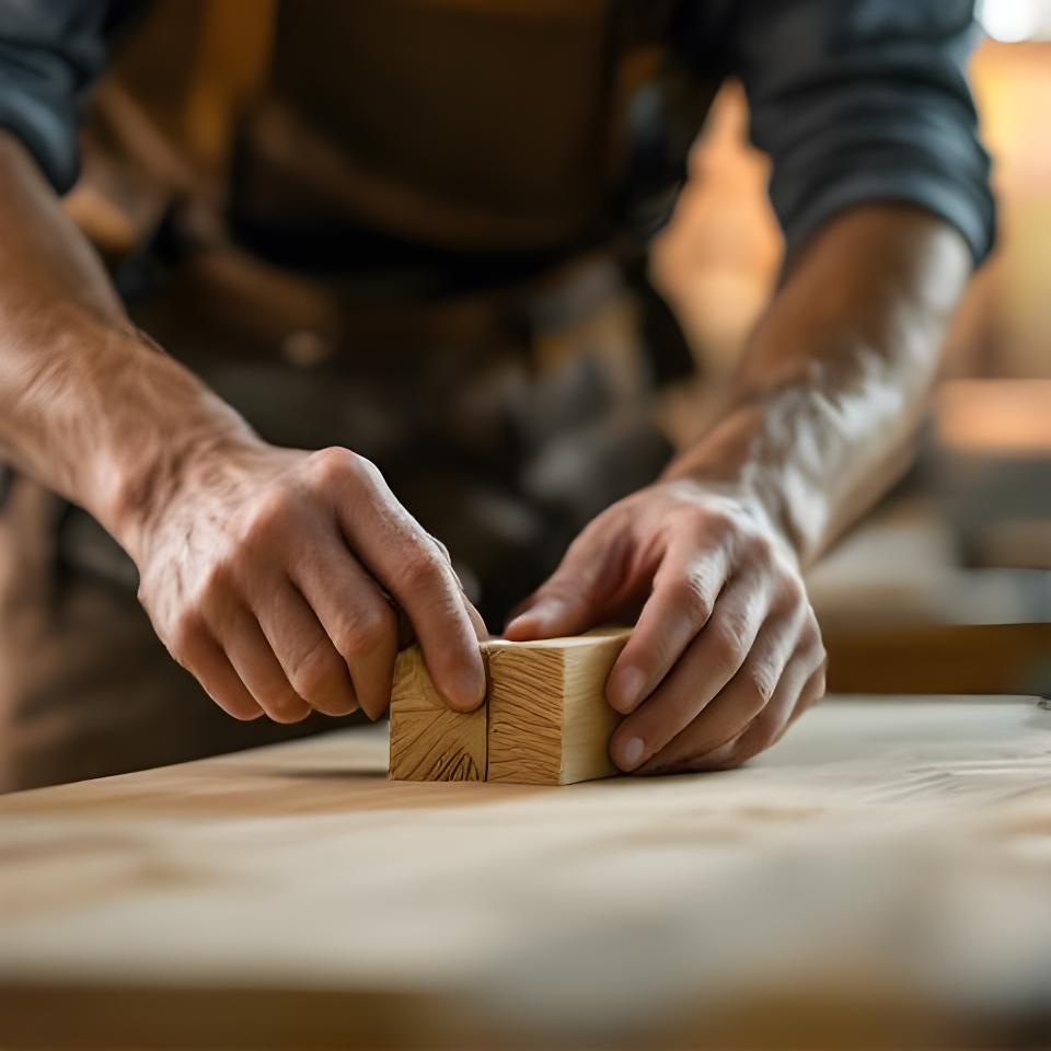 Detailaufnahme einer Schreinerin beim feinen Anpassen einer Holzverbindung in einer hellen Werkstatt