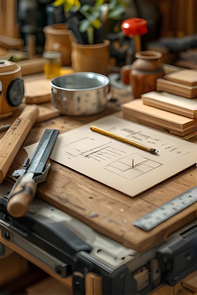 Tischlerhandwerk mit Messwerkzeug, Holzproben und handschriftlichen Notizen auf einer ordentlichen Werkbank in Zürich