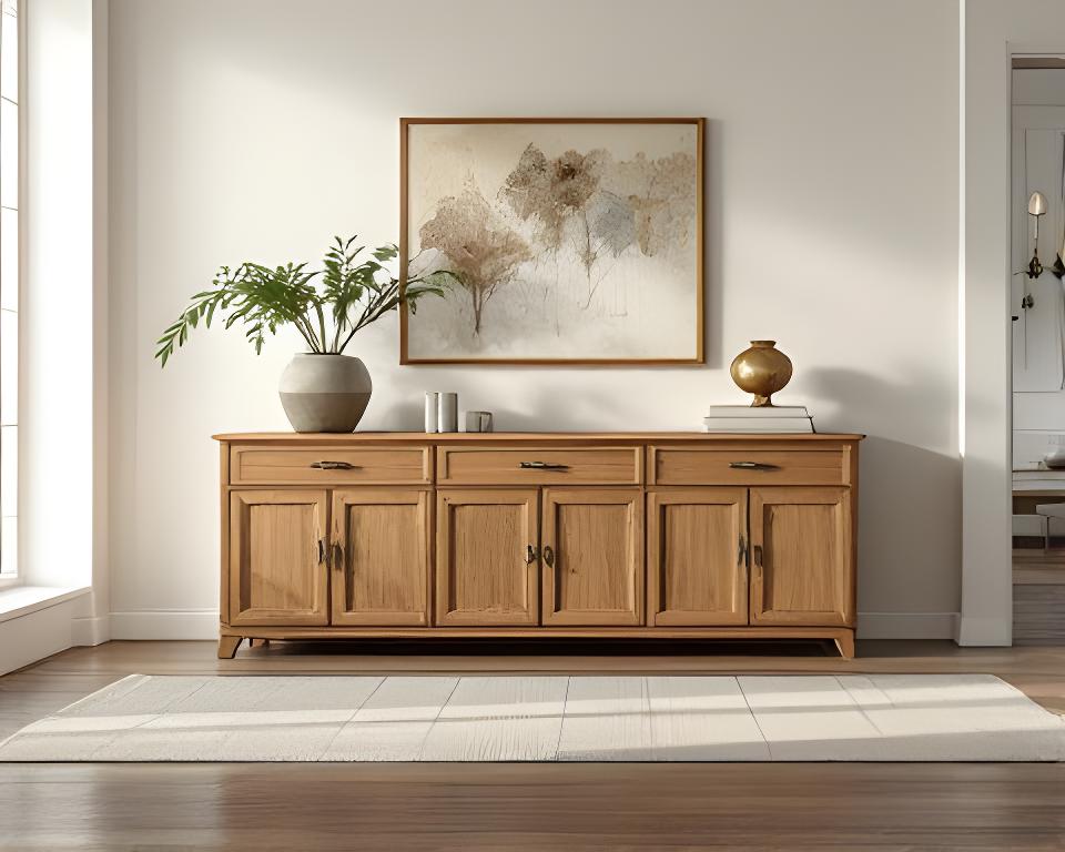 Massives Eiche-Sideboard in einem hellen Essraum mit klaren Linien und warmem Holzton