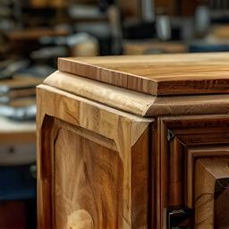 Restauriertes Erbstück aus Holz auf einem Arbeitstisch mit feinen Werkzeugen und gepflegter Oberfläche