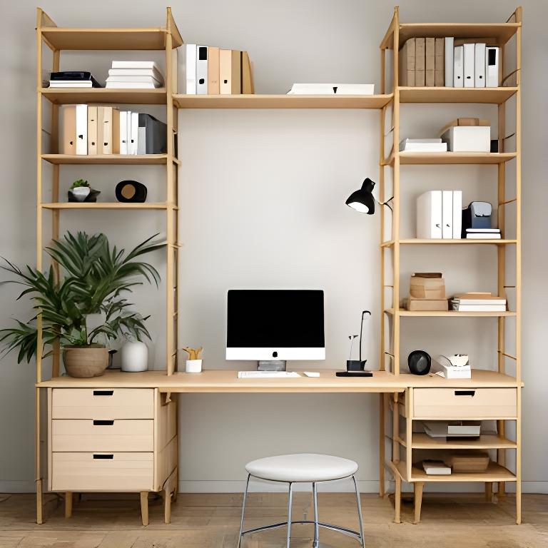 Offenes Home-Office-Regal aus hellem Holz mit Büchern, Ordnern und einer ruhigen Arbeitsecke