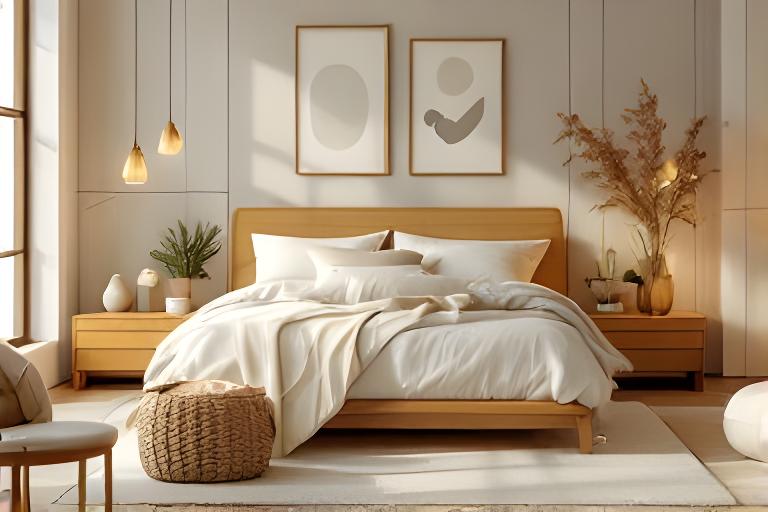 Ruhiges Schlafzimmer mit warmem Holz, weicher Bettwäsche und harmonischer Beleuchtung